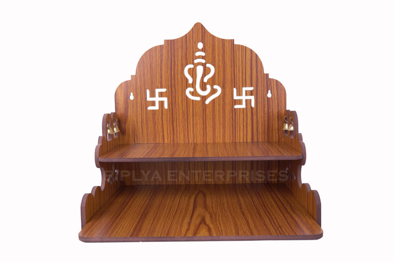 Wooden Temple for Home – Wall Mounted Pooja Mandir with Saathiya & Ganesh Ji Bell Design | Compact Wooden Temple for Office & Home (Light Brown, L-11.25 x W-10.25 x H-11.25 Inch)