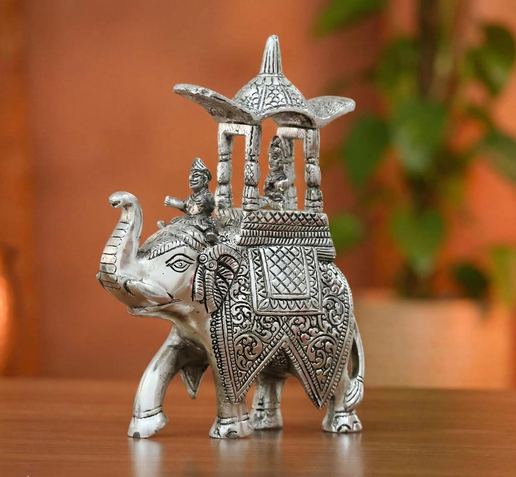 KridayKraft Handcrafted Metal Elepant Kondapalli Maharaj Ambari Rajasthani Rajwadi Elephant Showpiece Statue, 24 Cm Height, 900 Gm Weight, Intricate Carvings, Silver