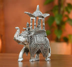 KridayKraft Handcrafted Metal Elepant Kondapalli Maharaj Ambari Rajasthani Rajwadi Elephant Showpiece Statue, 24 Cm Height, 900 Gm Weight, Intricate Carvings, Silver