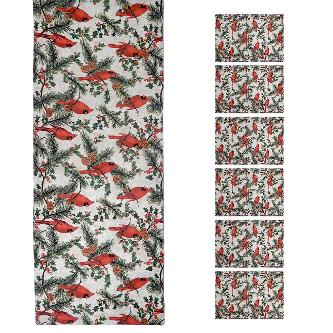 PRAKARTIK BY INDUARTS Dining Table Mats Set of 6 with 135 cm Runner - Bird Red Green Christmas Theme,Digital Print, Washable, Indoor/Outdoor, Heat-Proof, Wipe & Clean (47X33 cm) Red & Green Kafalo