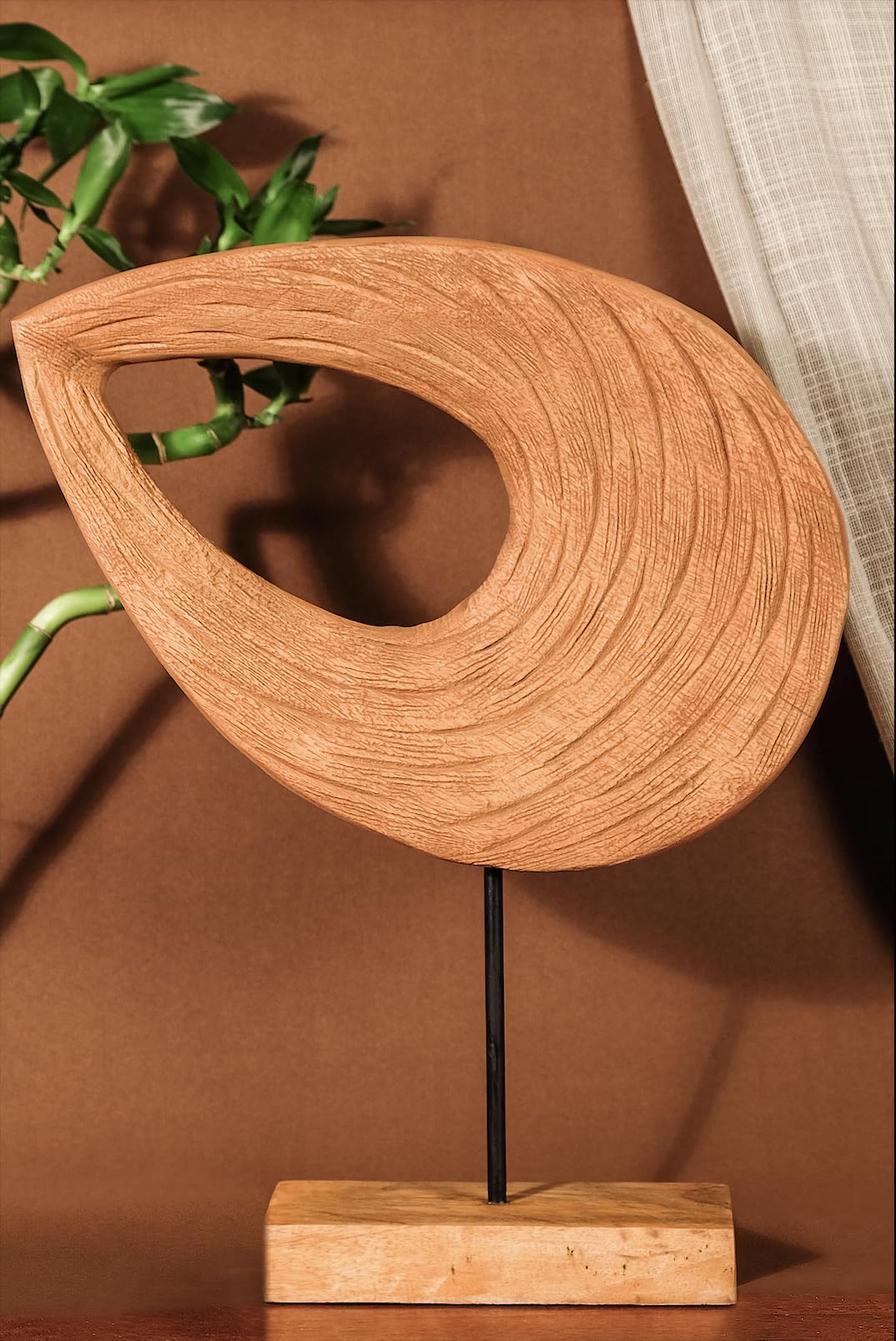 Abstract Wooden Sculpture, Teardrop Wooden Sculpture on Stand Handcrafted Art on a Metal Stand | Modern Organic Home Décor. 45 Cm Height