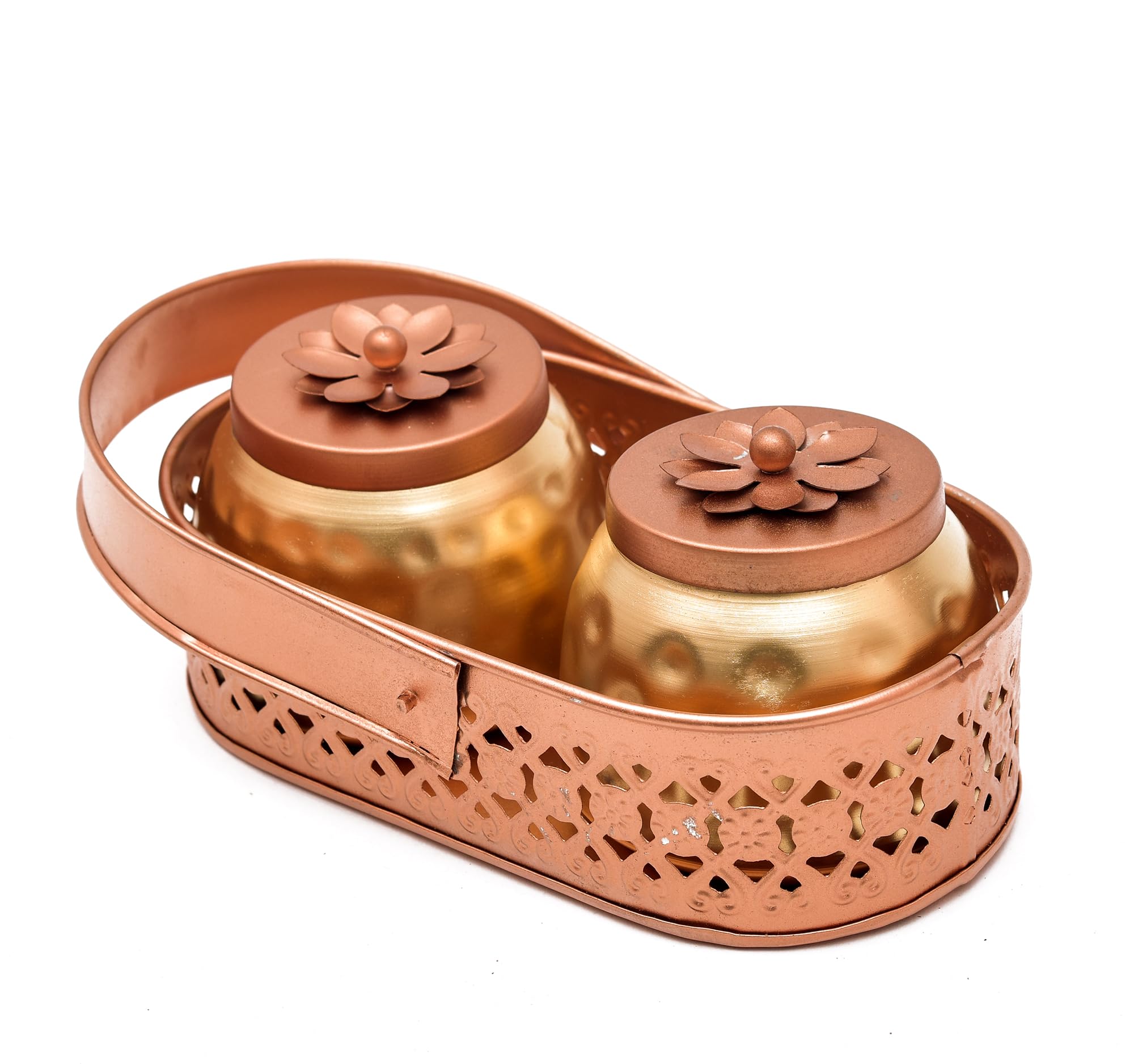 Sanvatsar Rectangular Shape Metal Basket with Jar Tray 2 Copper Flower Container Dry Fruits Chocolate Sweets Candys Gifts Set for Office, Home Decor Table Decoration Item (Rectangular)