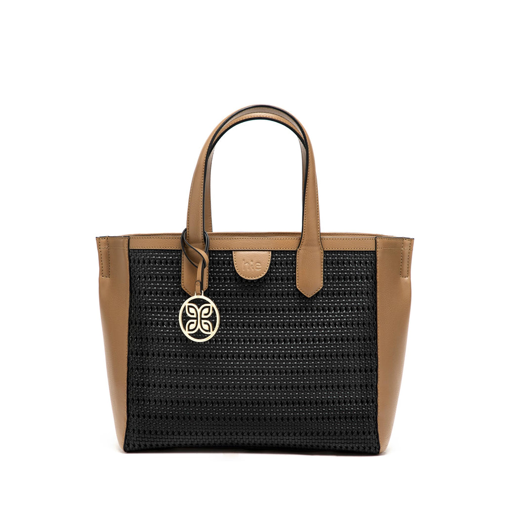 HIE Janet Tote Bag – Spacious Compartment, Woven Vegan Leather, Adjustable & Detachable Crossbody Handle, Metal Zip Closure, Inside Lining, Hanging Metal Logo – Perfect for Office & Travel Use.