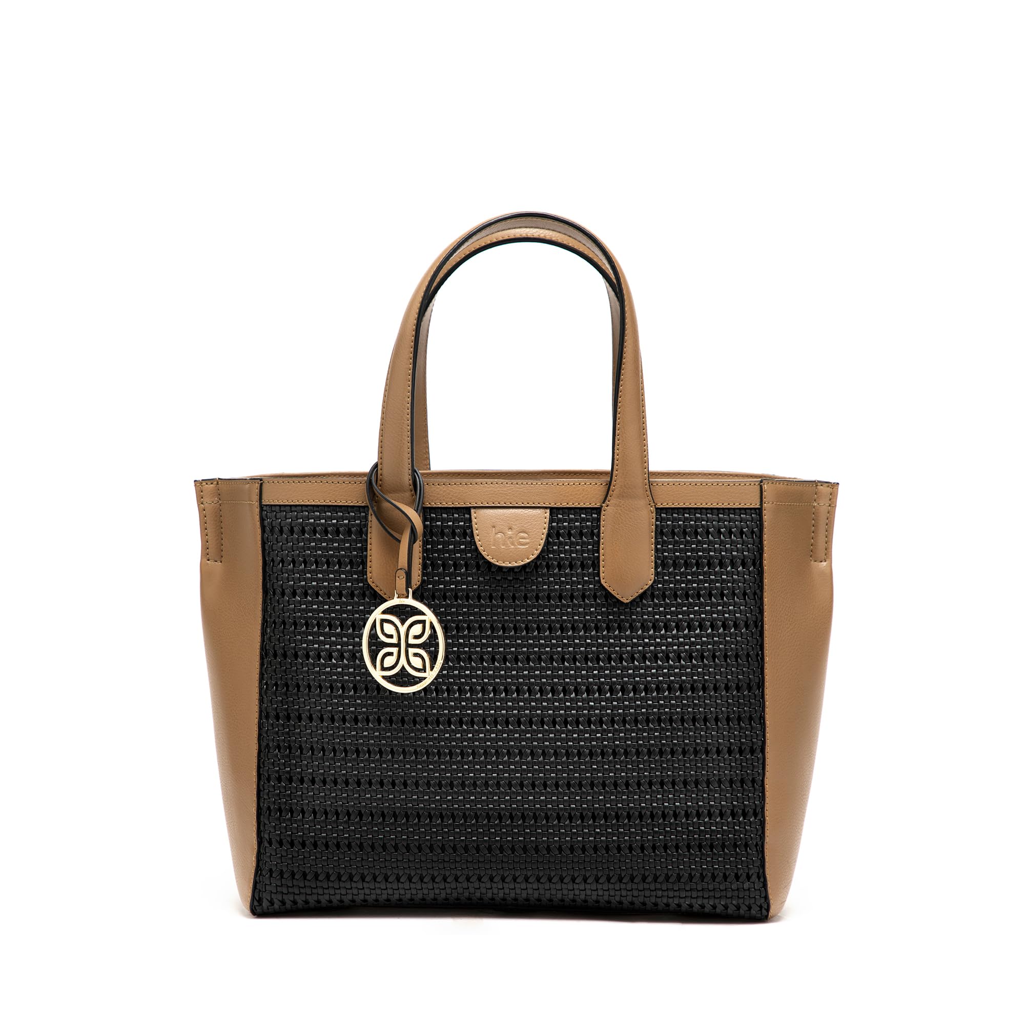 HIE Janet Tote Bag – Spacious Compartment, Woven Vegan Leather, Adjustable & Detachable Crossbody Handle, Metal Zip Closure, Inside Lining, Hanging Metal Logo – Perfect for Office & Travel Use.