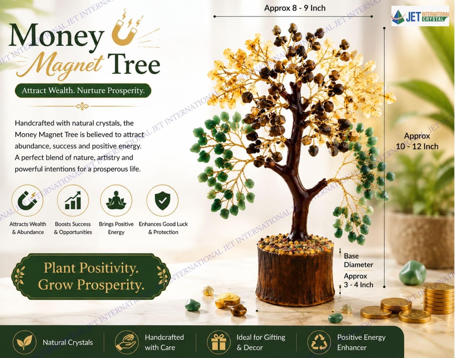 Jet Money Magnet Crystal Tree 10 Inch | Pyrite, Citrine, Green Aventurine & Tiger Eye Gemstone Tree for Home, Office & Desk Décor