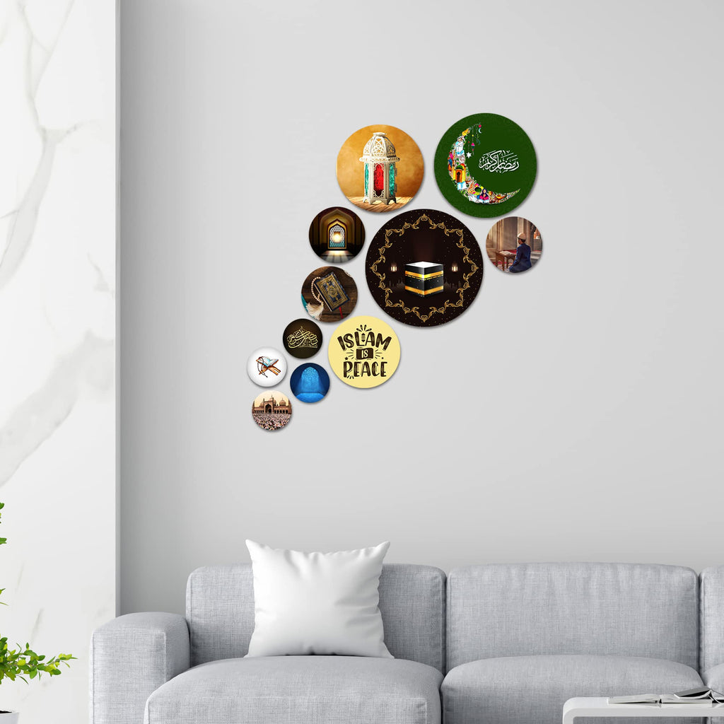 Artvibes Ramadan Special Islamic Round Shape MDF Wooden Wall Decor Items | Living Room | Office | Wall Art Painting For Hall | Graphic Artwork | Wall Art Print | Gift Items (WPS_107NN), Set of 11