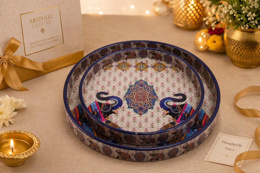 Dreams n Decor Round Wooden Serving Tray Set of 2 | MDF Decorative Trays for Center Table & Dining | Traditional Elephant Print (7 & 9) | Perfect for Tea, Coffee, Snacks & Housewarming Gifts