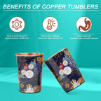 MERCAPE® 100% Pure Copper Glasses Set of 2 | Designer Meena Print | 300ml Each | Ayurvedic Benefits | Handmade Copper Tumblers for Daily Use & Gifting (Multiple Designs) (Pastel Floral Design)
