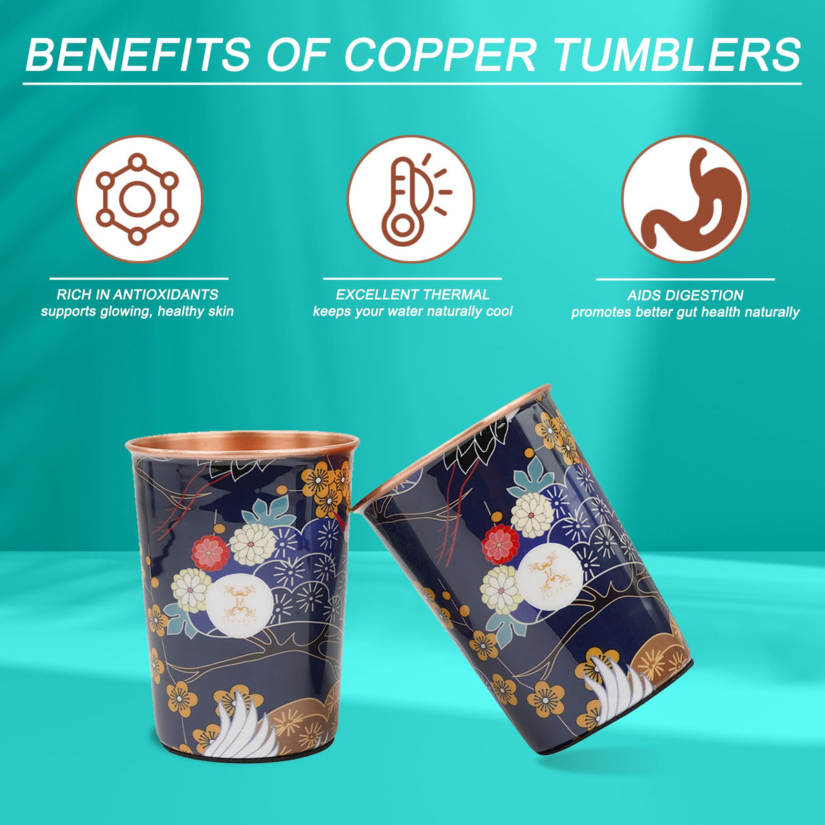 MERCAPE® 100% Pure Copper Glasses Set of 2 | Designer Meena Print | 300ml Each | Ayurvedic Benefits | Handmade Copper Tumblers for Daily Use & Gifting (Multiple Designs) (Pastel Floral Design)