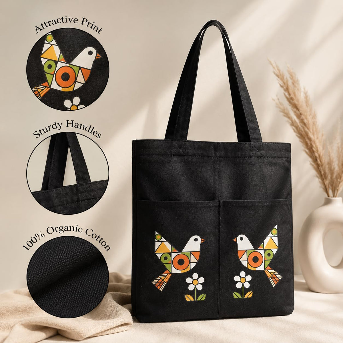Suryatra Folk Art Mosaic Canvas Tote Bag for Women & Men | Premium Cotton Canvas Shoulder Bag with Dual Front Pockets | Tote Bag for Office, College, Shopping & Travel | Black | 14 x 16 Inches