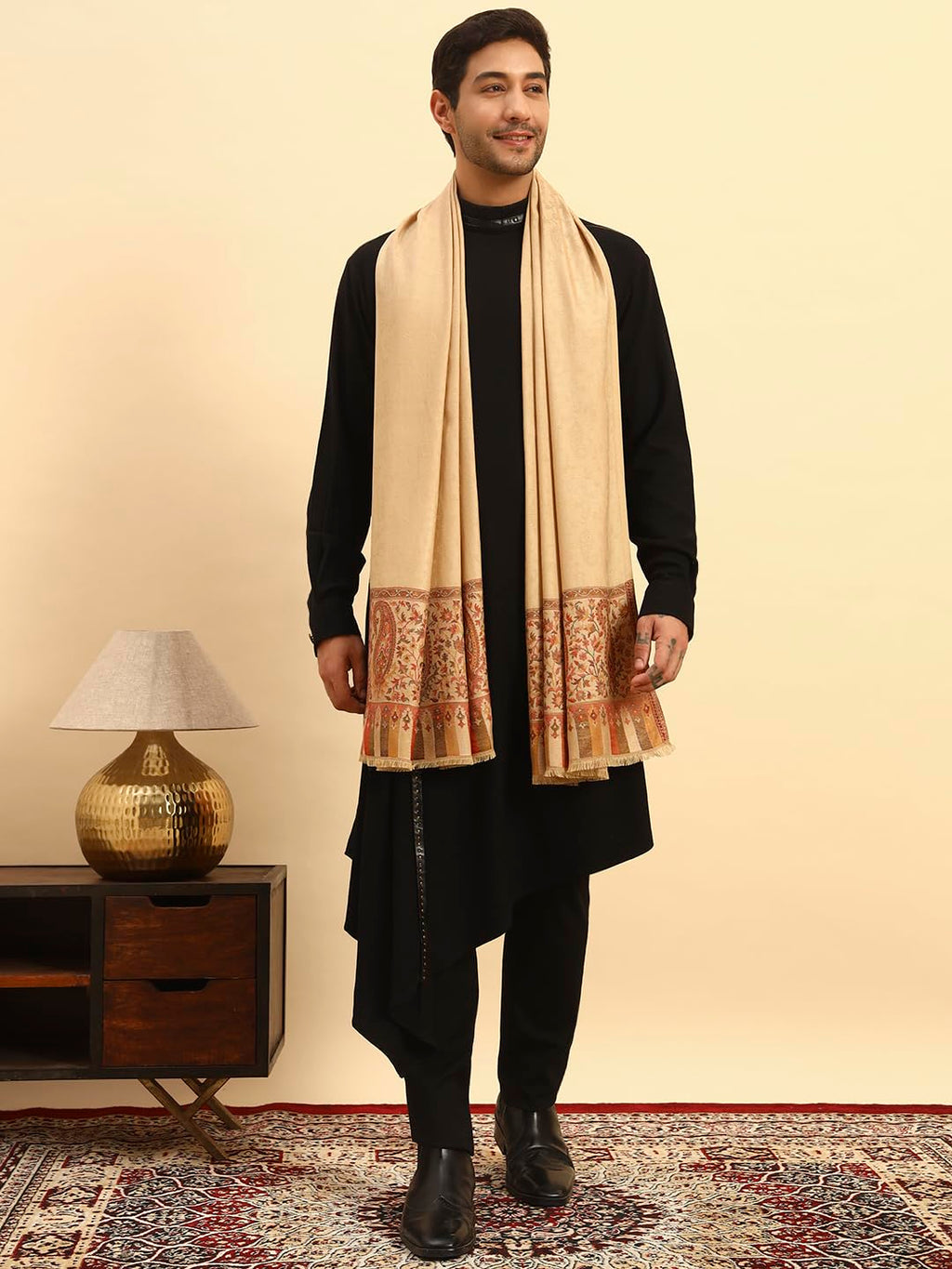 Pashmoda Men Gulpari Kaani Stole, Authentic Kashmiri Luxury Pashmina Style Shawl, Stole, Small Size Gents Lohi, (Size 28x80 Inches,Beige Color) MAVST06