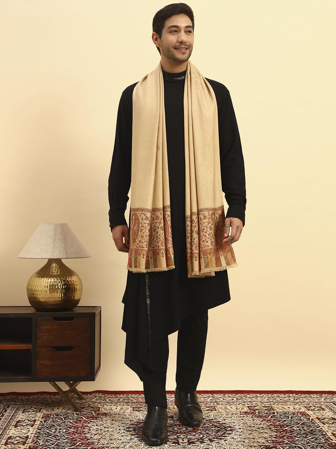 Pashmoda Men Gulpari Kaani Stole, Authentic Kashmiri Luxury Pashmina Style Shawl, Stole, Small Size Gents Lohi, (Size 28x80 Inches,Beige Color) MAVST06