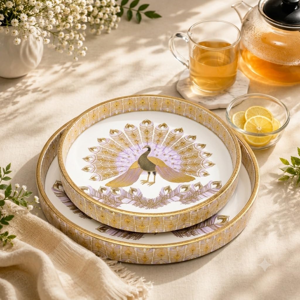 Round Decorative Serving Tray Set of 2, Peacock Design