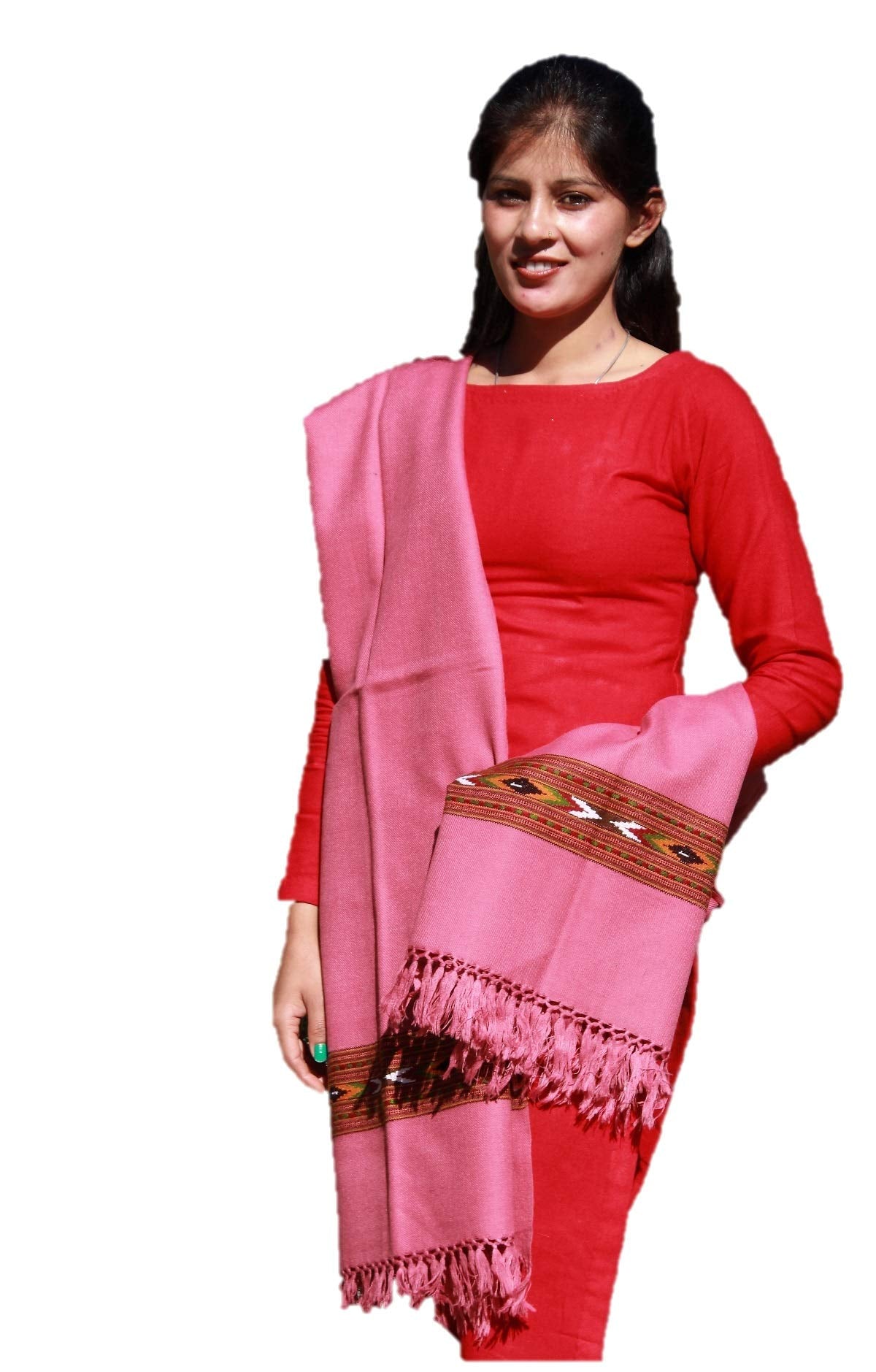 HImalayanKraft Hand Woven Kullu Wool Shawl- Pink Colored with Beautiful HandWoven Embroidery for Women and Girls.