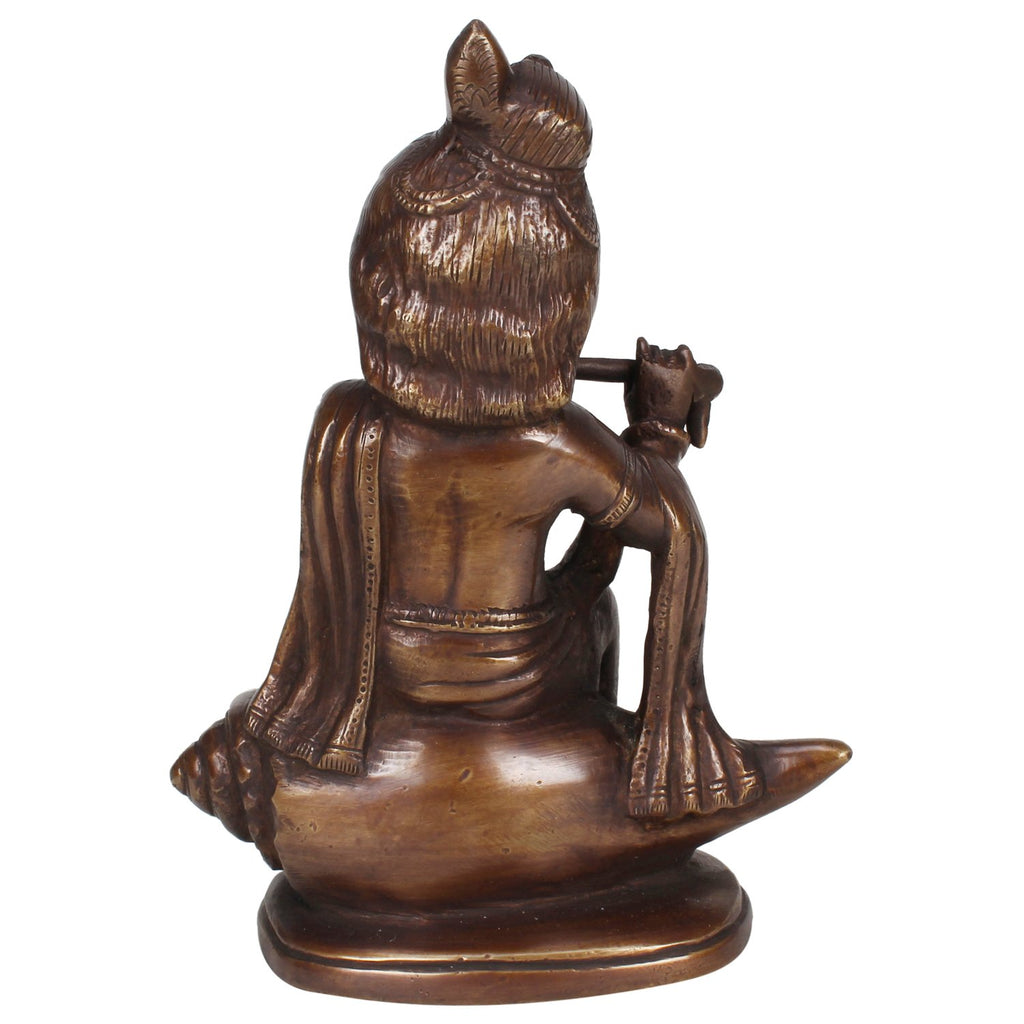 ARTVARKO Brass Krishna Statue Idol Sitting On Conch Shankh with Flute for Blessing Home Decor Pooja Mandir Height 8 Inch