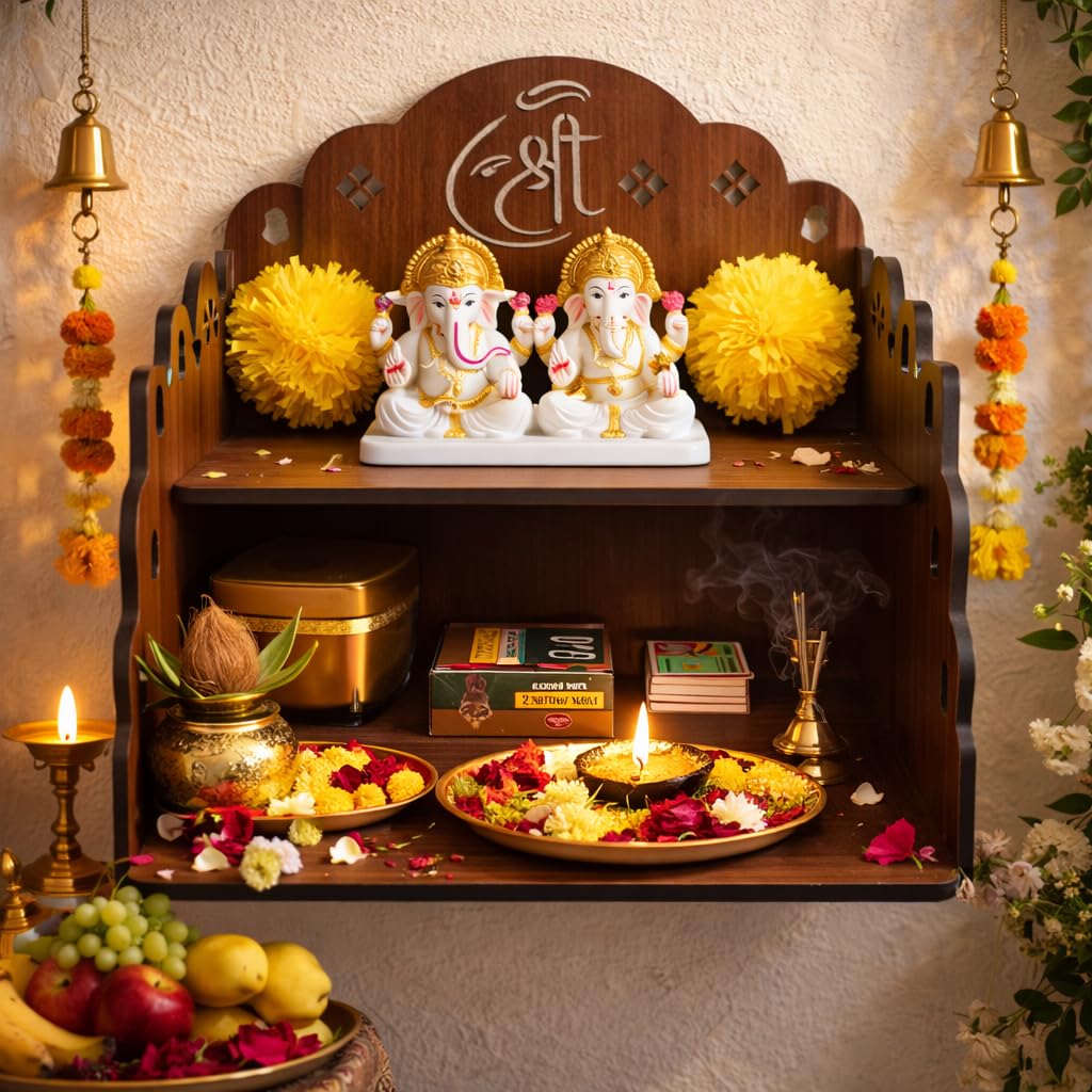 Bindian Wooden Pooja Mandir for Home Wall Mounted | Wooden Table Top God Temple | Pooja Stand for Home | Puja Mandir | Puja Unit for House | Temple for Office (Temple 5)