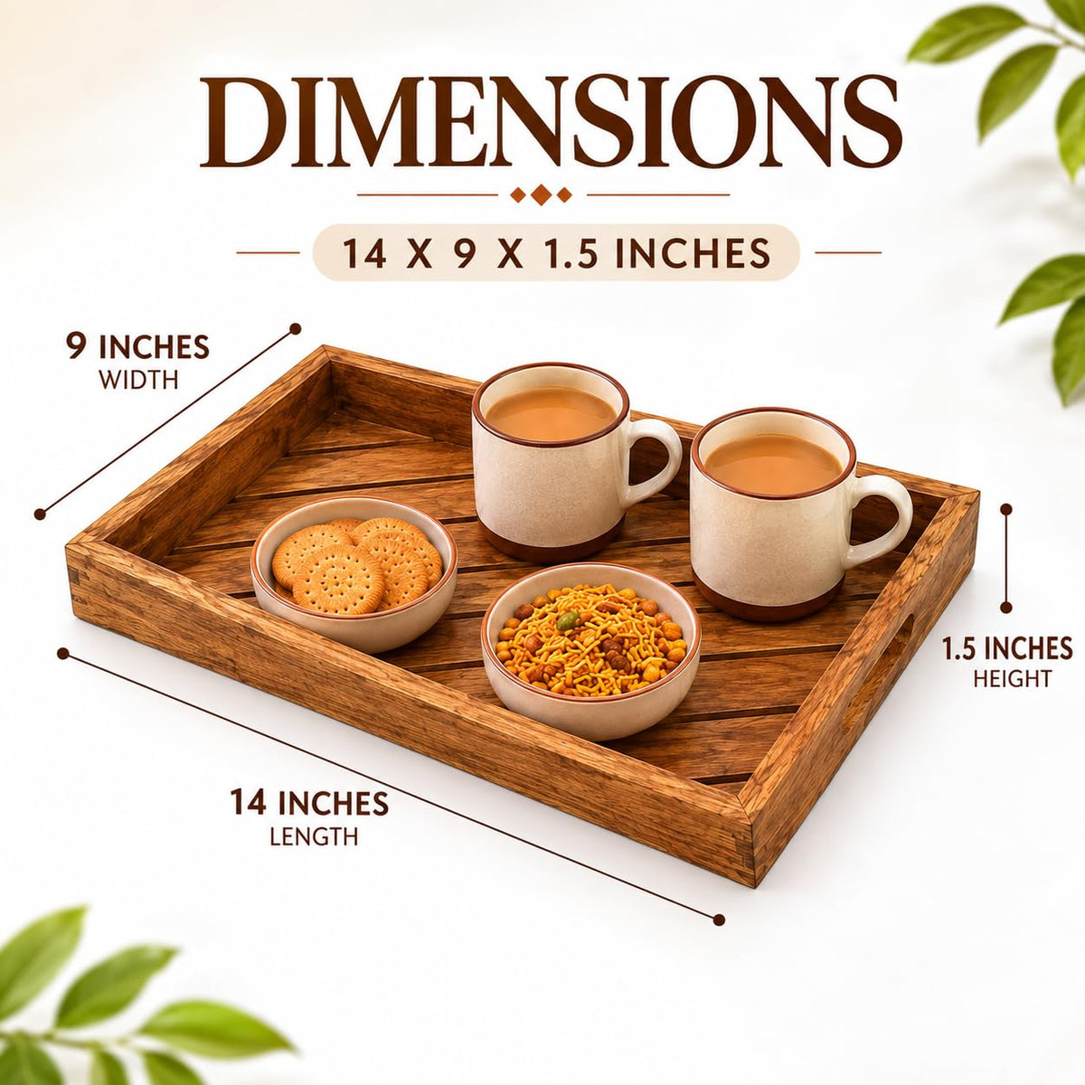 BAUZINI Mango Wood Serving Tray with Handles Rectangular Wooden Tray for Tea, Coffee, Breakfast & Snacks Decorative Serving Tray for Coffee Table, Kitchen, Dining & Home Decor - 14 x 9 x 1.5 Inch