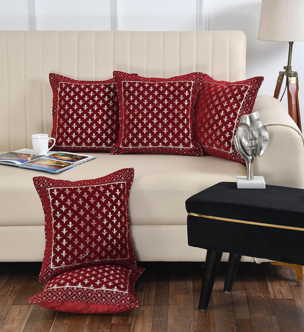 DECOMIZER Jacquard Geomteric Cushion Covers 24 Inch X 24 Inch Set Of 5 Ethnic Motifs 240 TC Cushion Covers,Design- Star,Color- Maroon