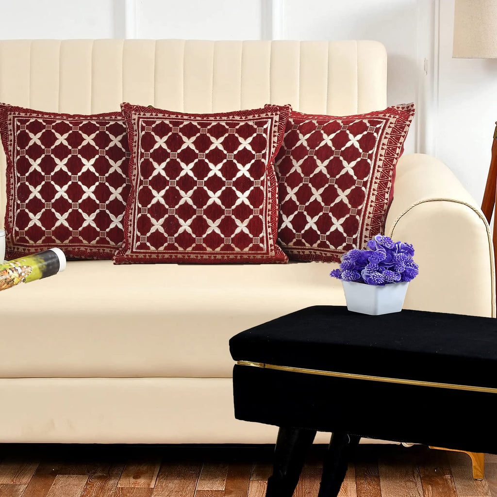 DECOMIZER Jacquard Geomteric Cushion Covers 24 Inch X 24 Inch Set Of 3 Ethnic Motifs 240 TC Cushion Covers,Design- Criss-Cross,Color- Maroon