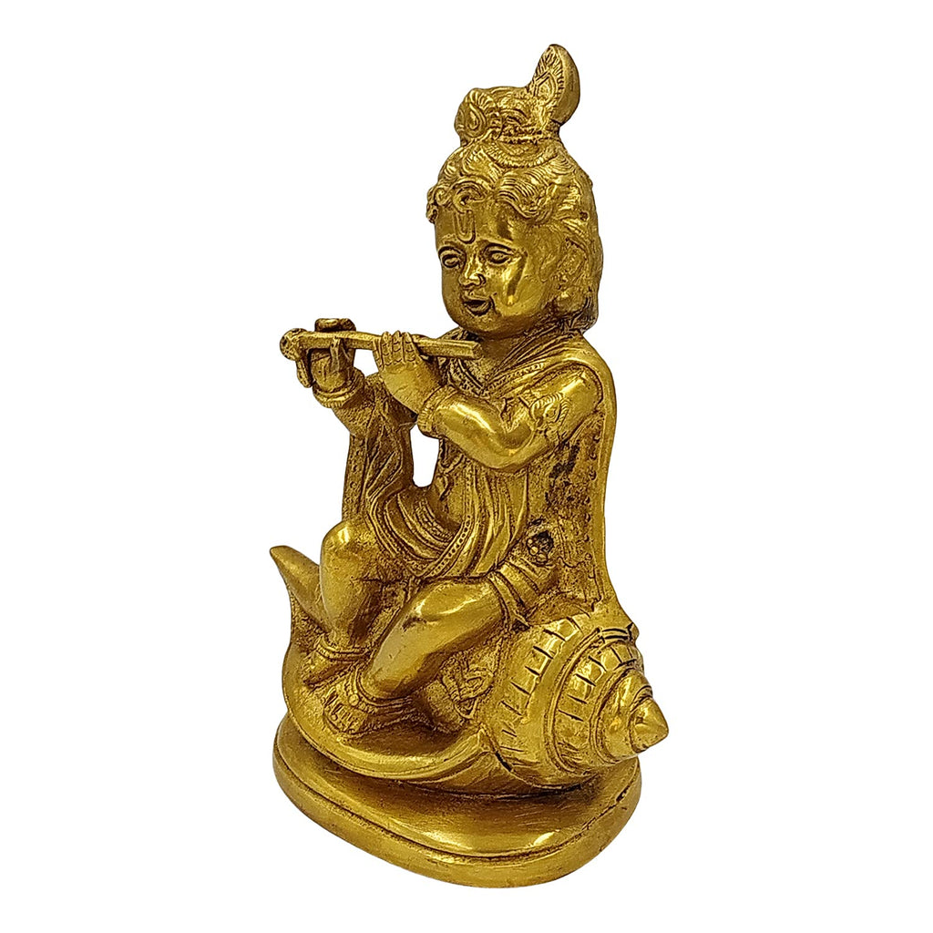 ARTVARKO Brass Lord Bal Krishna Bhagwan Playing Flute on Shankh Religious Idol Statue for Gift Murti for Home Mandir Temple Auspicious Conch 8 Inch