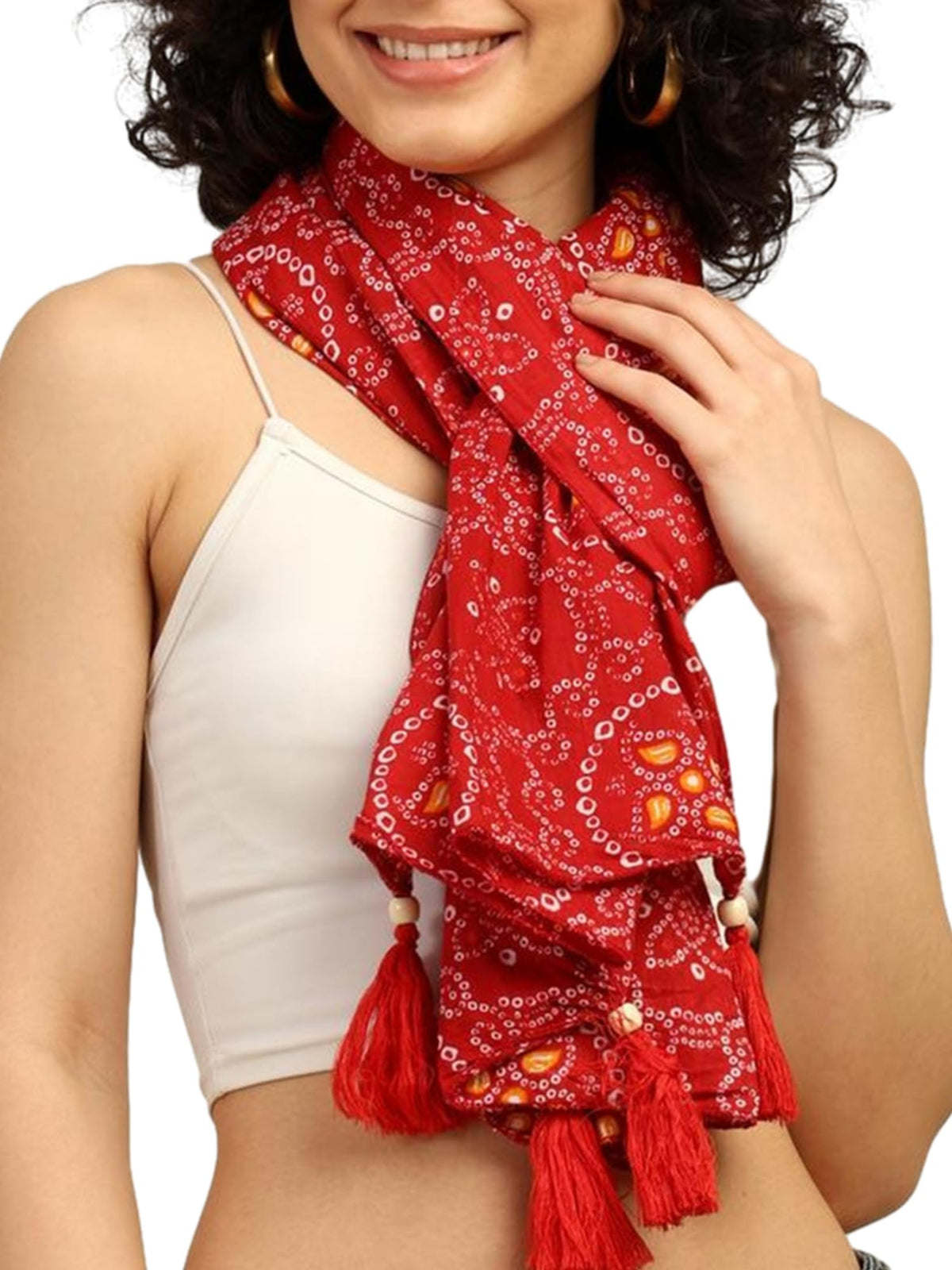 KE KANHA EXPORTS Cotton Scarf with Tassels|Bandhani Print Scarf for Women Stylish|Stole for Women|Breathable Boho Beach Summer Wrap|Multicolor Scarf|Easily Fits 180 * 50 CM