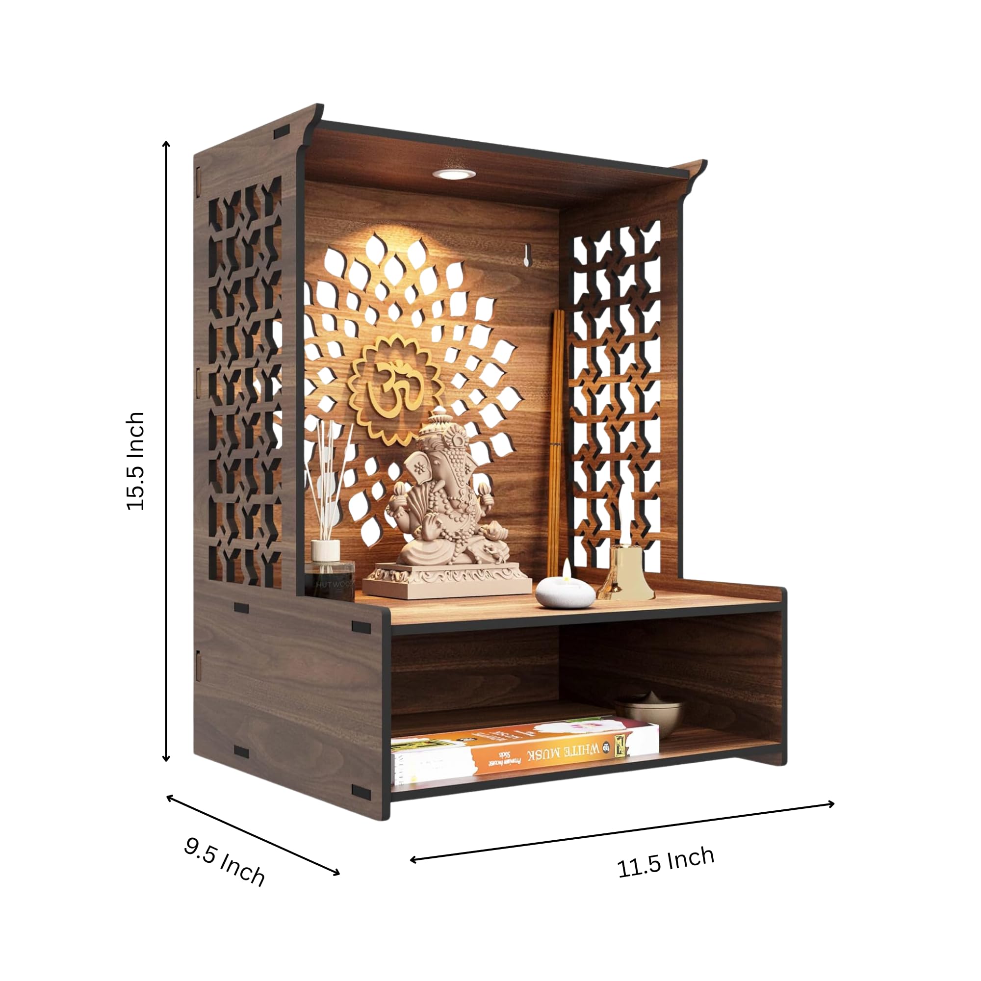 Puzzle Berry Wall Mounted Wooden Pooja Mandir for Home & Office with LED Spot Light, Big Size Temple, Pooja Stand with Door, Devghar, God Temple for Home, Wall Shelf, (Mandir Design 2)