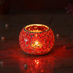 eCraftIndia Red Mosaic Glass Decorative Tea Light Candle Holder - Tea Light Holder - T Light Candle Holder for Diwali Decoration Items for Home Decor Living Room Dining Table - Christmas Diwali Gifts
