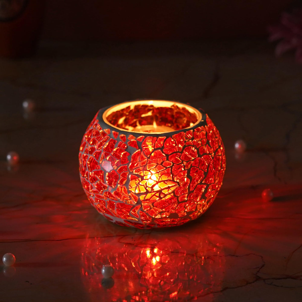 eCraftIndia Red Mosaic Glass Decorative Tea Light Candle Holder - Tea Light Holder - T Light Candle Holder for Diwali Decoration Items for Home Decor Living Room Dining Table - Christmas Diwali Gifts