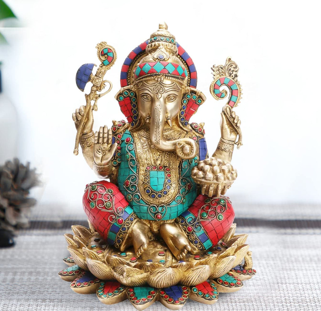 ARTVARKO Large Brass Ganesha Idol Ganpati Ganesh Murti Bhagwan Idol Sitting on Lotus for Home Décor Mandir Height 11 Inches