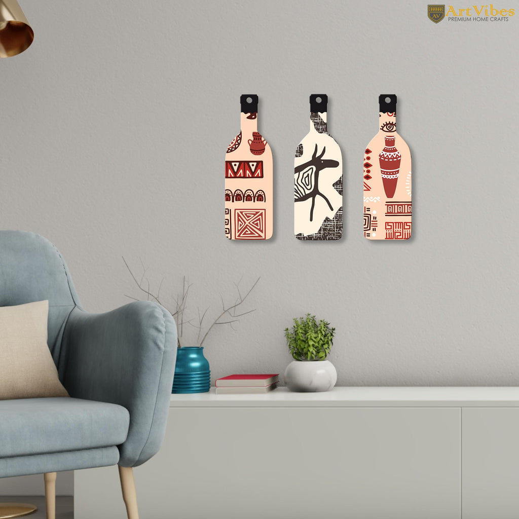 Artvibes African Warli Art Decor Bottle shaped Wooden Wall Hanging | Living Room | Handcrafted Art | Wall Illustrations | Art Prints | Aesthetic Wall Art | Ideal Gifts (WH_9514N), Set of 3