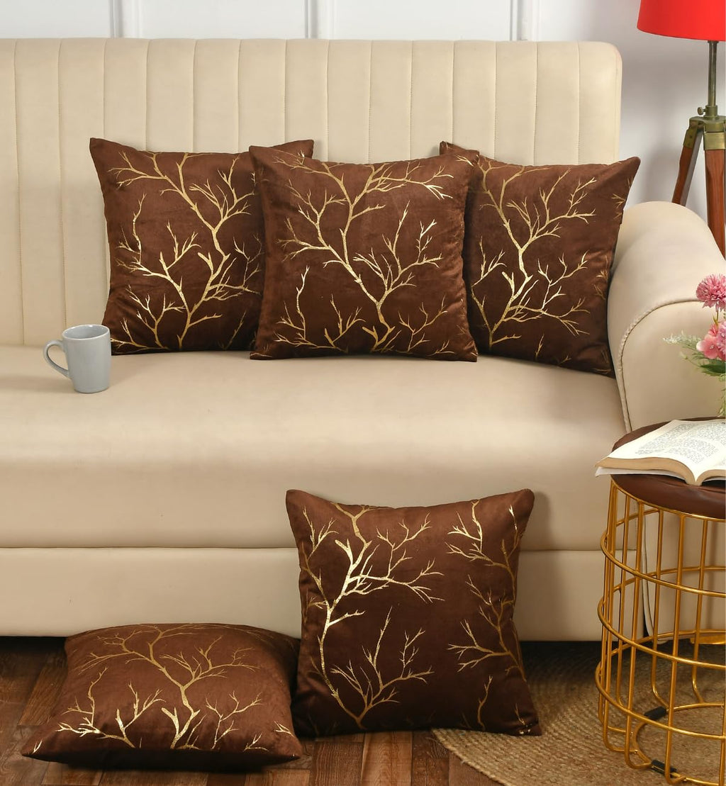 Stuffique Velvet Foil Cushion Covers 18 inch x 18 inch Set of 5, Brown