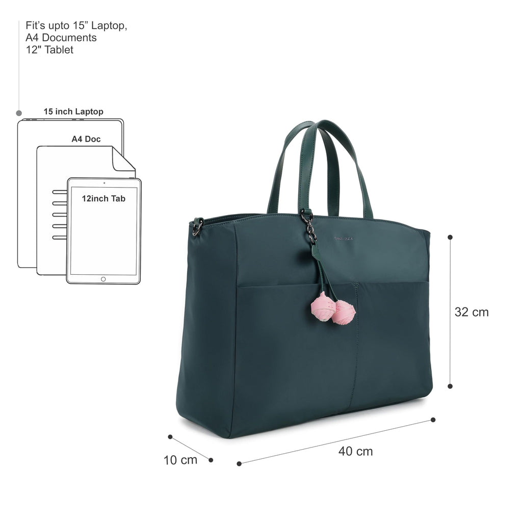 Fastrack FloraFlex Laptop Tote Bag 15 Inch | malachite Green Nylon Tote with 15 Laptop Sleeve|Internal Organizer Pockets | Key Leash |Trolley loop |Card Holder| Zipper Pockets