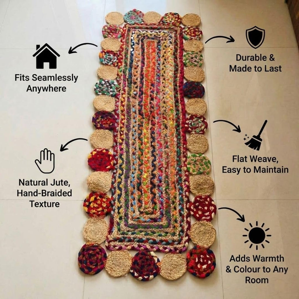 ATRANGI STUDIO Rectangle Jute Rug | Handwoven Braided Design Mat | Rectangular Floor Rug for Living Room, Bedroom, Reading Corner | Boho Home Decor | 20x55 inch, Multicolour