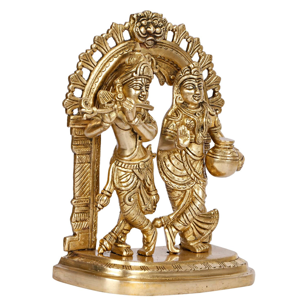 ARTVARKO Radha Krishna Brass Murti Murli Kishan Playing Flute Radha Standing with Pitcher on Kirtimukha Singhasana Height 21.5 cm