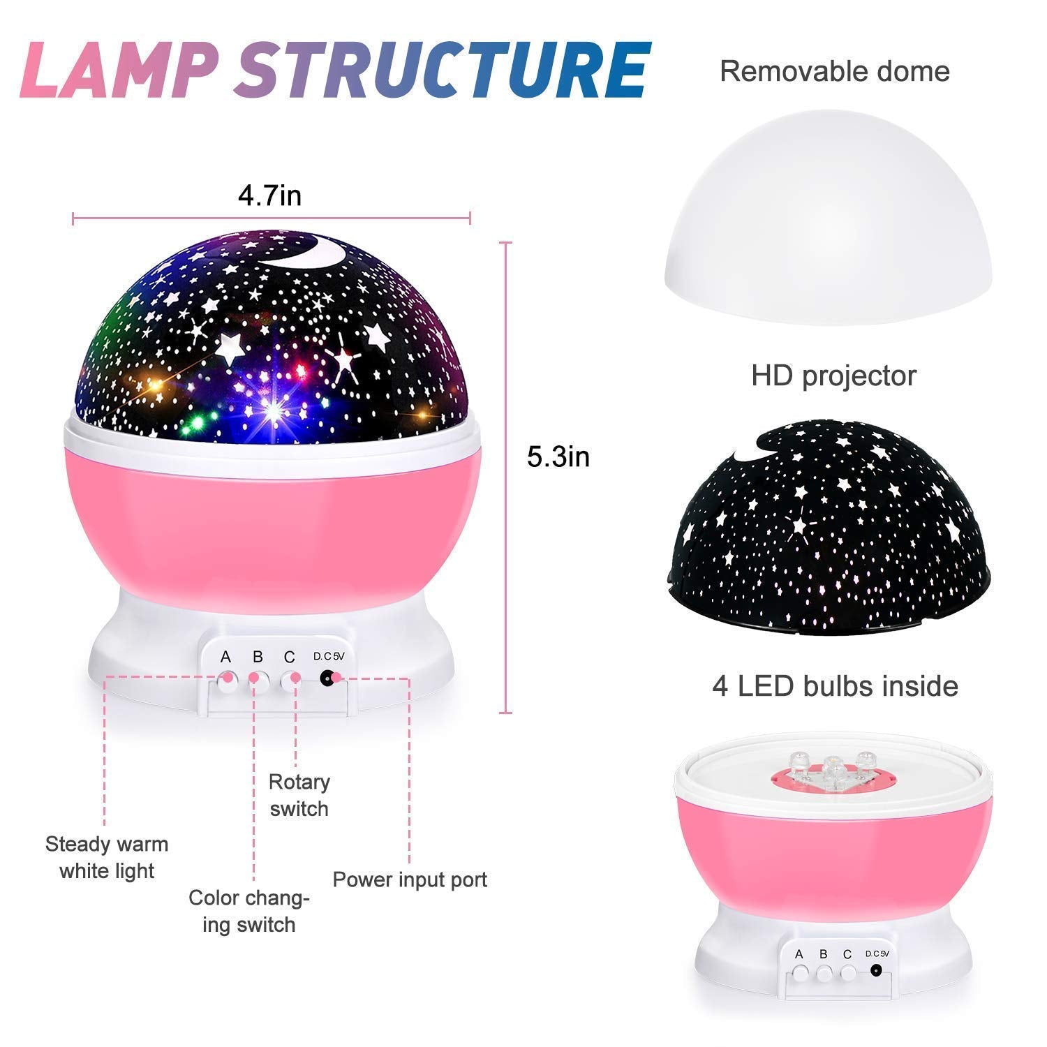 Mohinidreams Star Master Rotating 360 Degree Moon Night Light Projector Lamp for Kids Room, Multi Color LED Sky Galaxy Light with USB Cable, Bedroom Decor Night Bulb, Random Color, Pack of 1