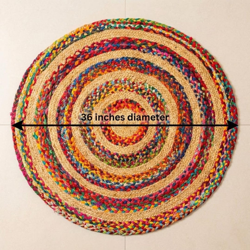 ATRANGI STUDIO Round Jute Rug | Handwoven Braided Design Mat | Circular Floor Rug for Living Room, Bedroom, Reading Corner | Boho Home Decor | 3x3 feet, Colourful