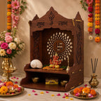 Wooden Pooja Mandir for Home, Pine Wood Temple, Decorative Hindu Mandir with Storage Shelf for Puja Room & Living Room Decor (32X26X20 Cms, Natural Wood Brown, Swastik 2)