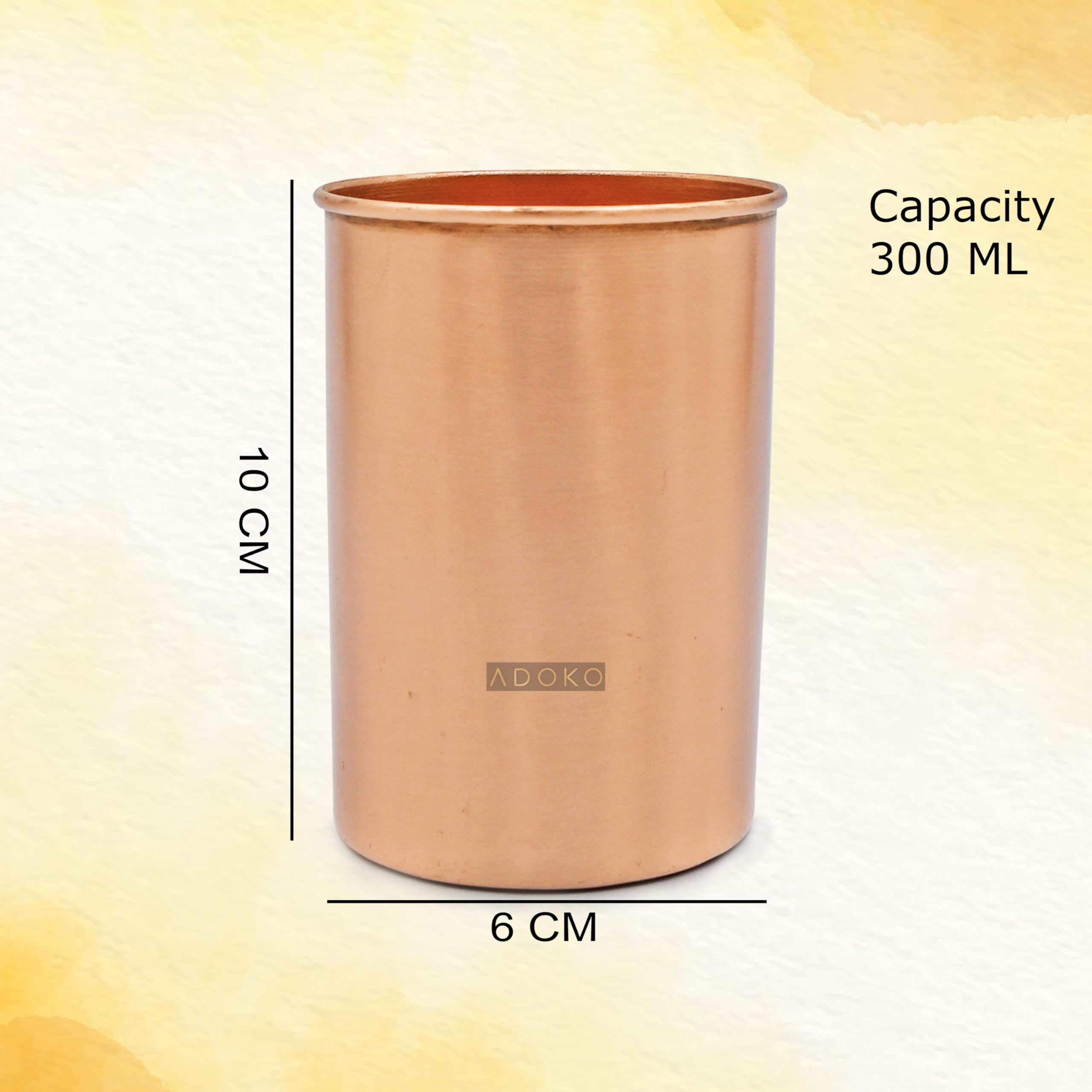 Adoko Pure Copper Tumbler 300ml 6Pcs Set | Handmade Ayurvedic Water Glass | Traditional Copper Drinking Cup for Home Kitchen | Premium Serving Utensil