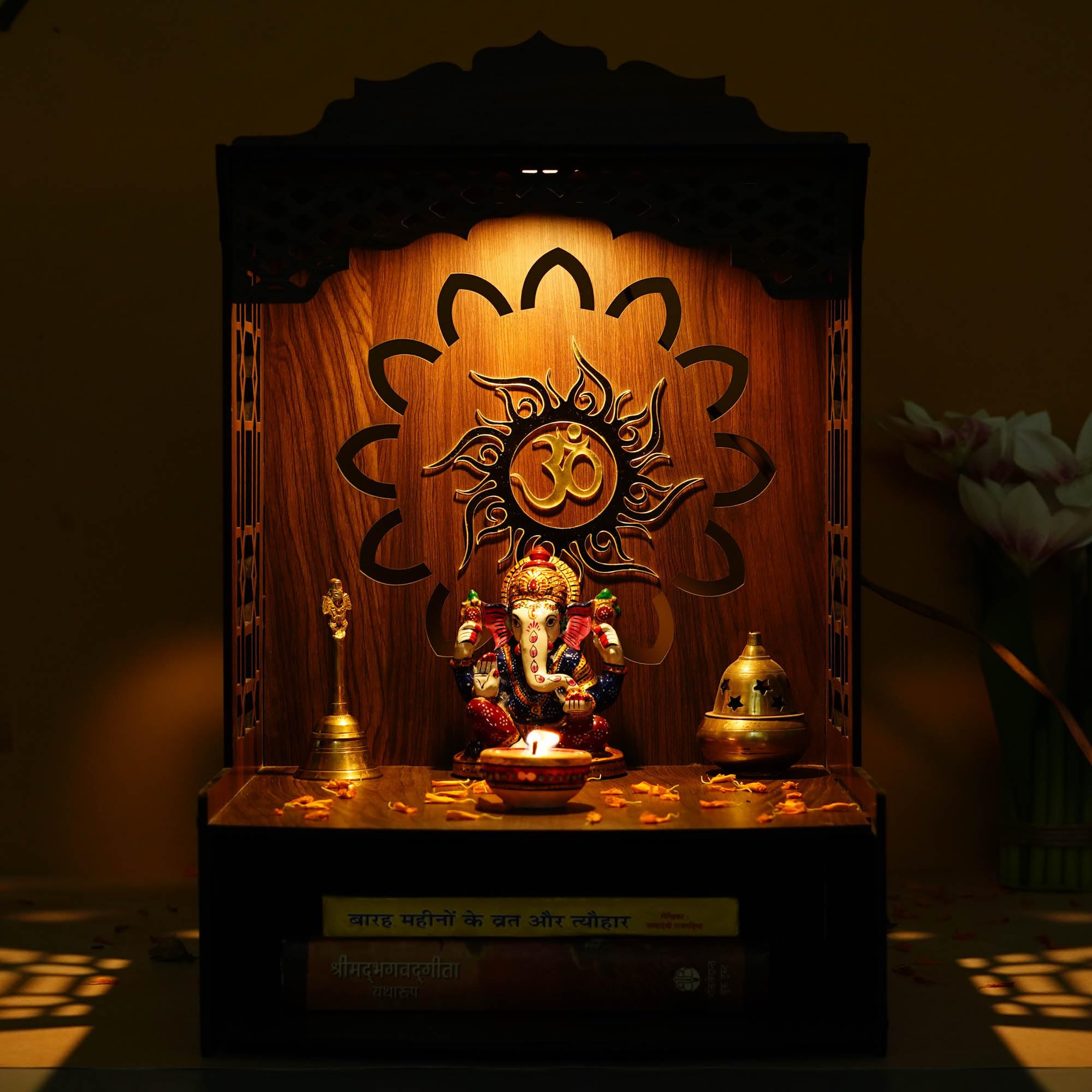 eCraftIndia Beautiful Om Decorative Wooden Temple for Home Office | Wall Mounted Pooja Stand for Home Temple Pooja Mandir