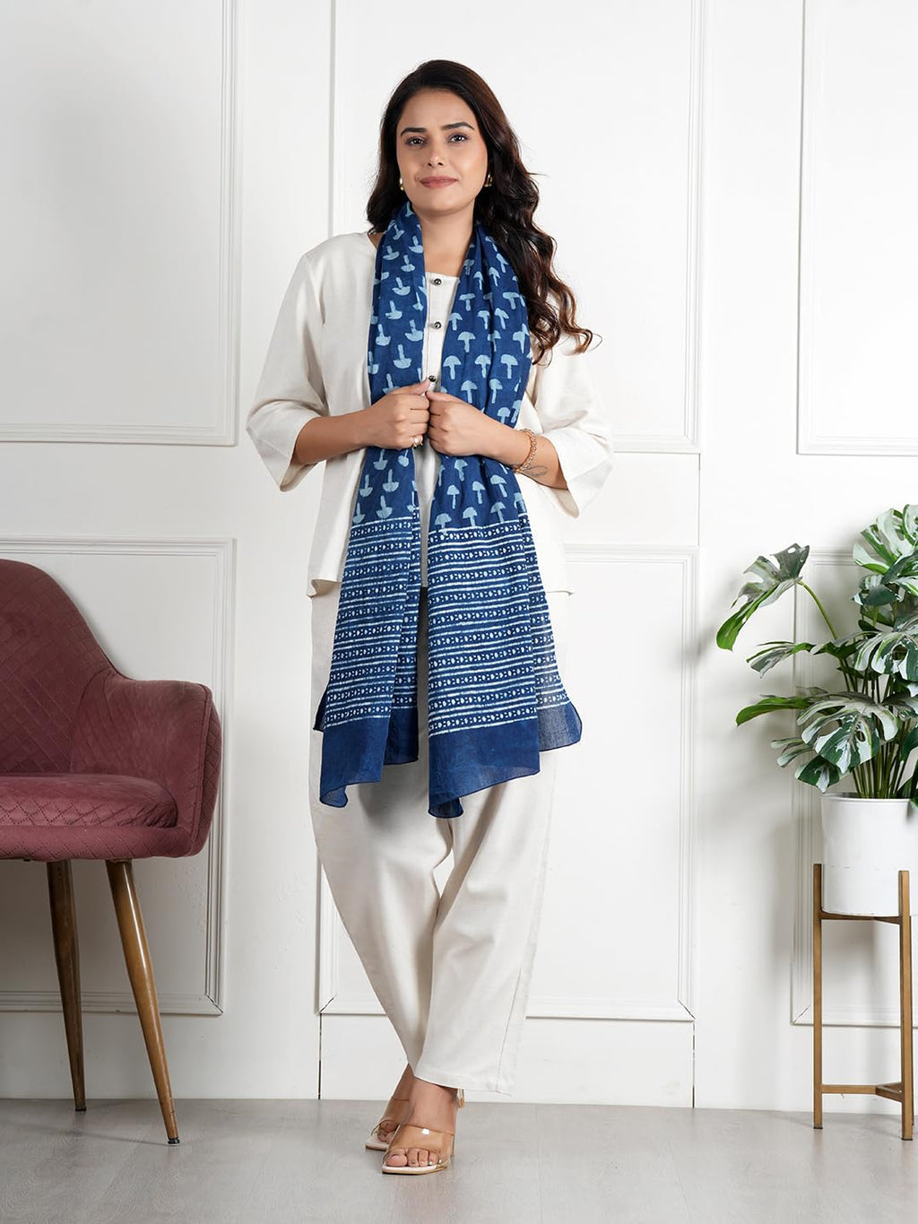 RAI SAHAB Women's Cotton Hand Block Printed Casual Stoles/Scarf(ST-73BLUE10)