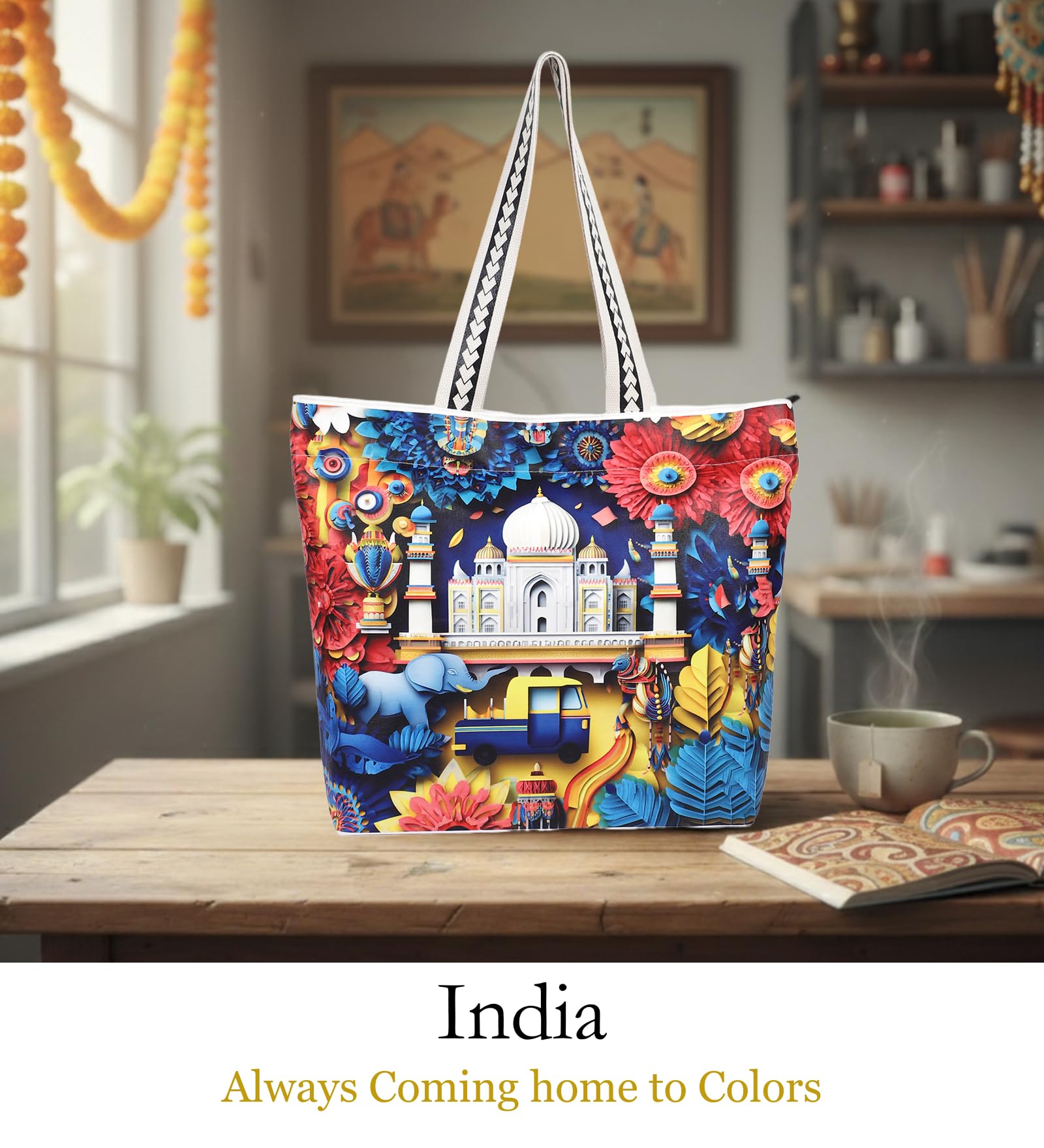 WOTM On The Move Tote | Premium Printed Cotton Canvas Tote Bag with Zipper & Inside Pocket, Stylish Everyday Travel Bag for Work, College, Office, Travel, Shopping