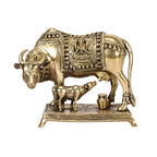 ARTVARKO Brass Cow and Calf Statue Kamdhenu Laxmi Ganesha Engraved on Gau MATA Idol, Spiritual Vastu Nandi Pooja Decor, Gold Color 10 Inch