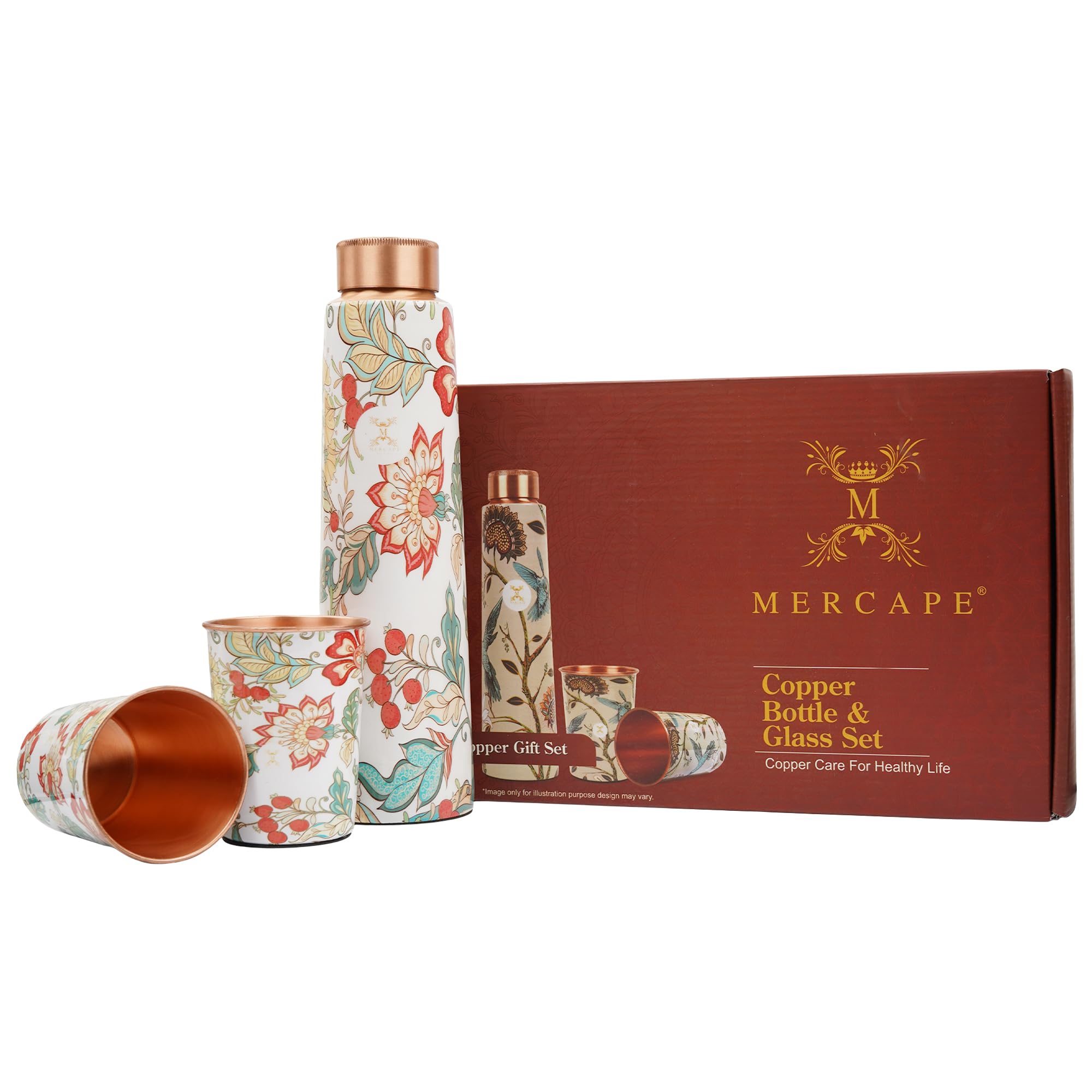 MERCAPE® - Flower Print Pure Copper Water Bottle with 2 Glass | Leak Proof, Durable & Rust Proof | Non-Toxic & BPA Free Steel Bottles | Printed Tamba Bottle (900 ml - 2x 300 ml)