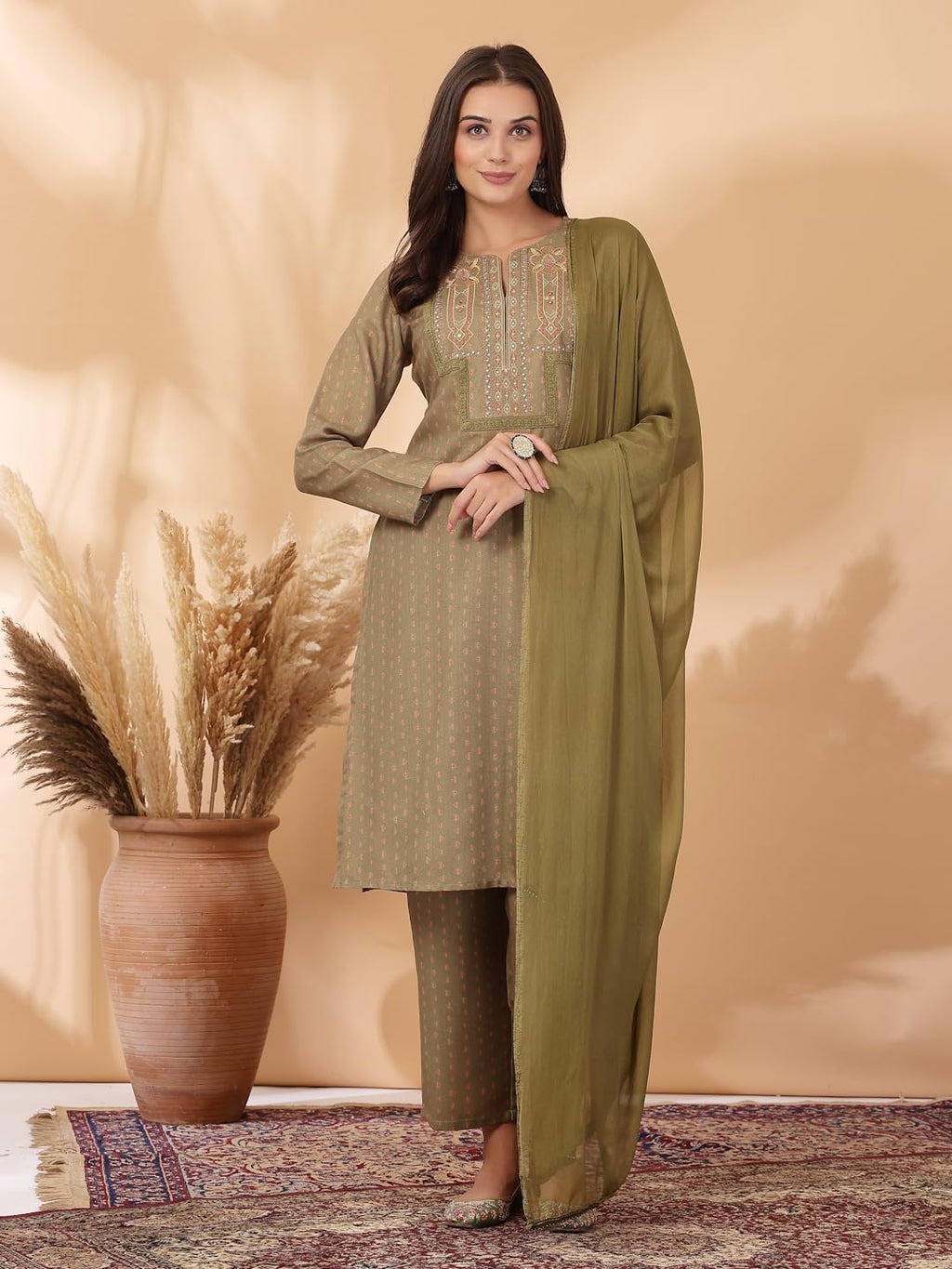 Printed Straight Pashmina Kurta Set with Dupatta for Women