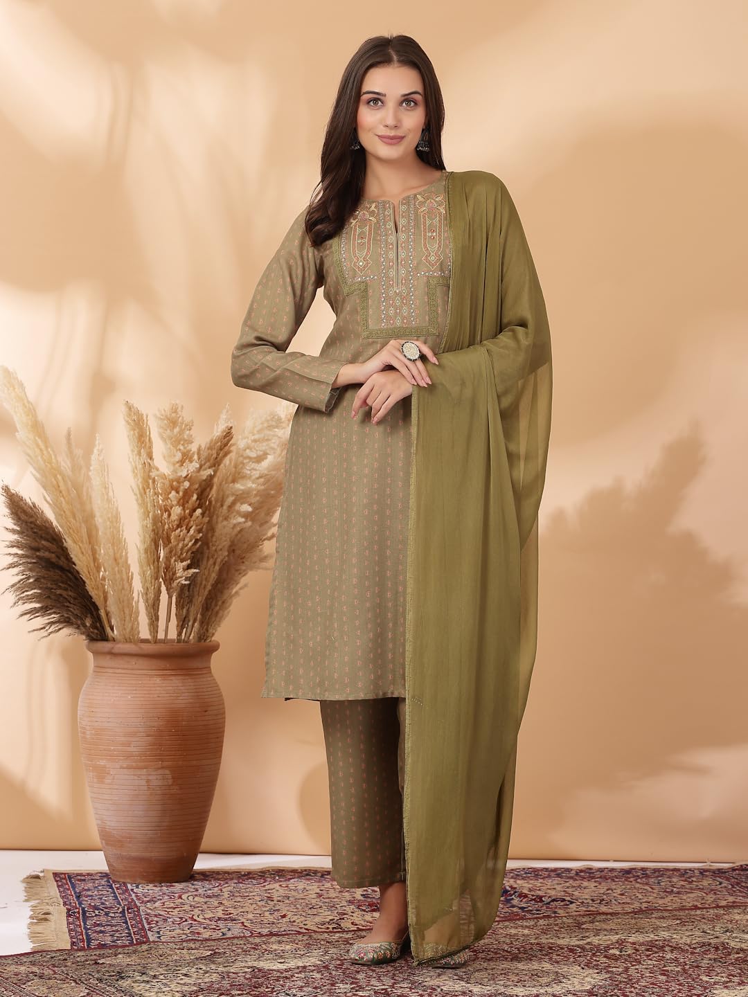 Printed Straight Pashmina Kurta Set with Dupatta for Women