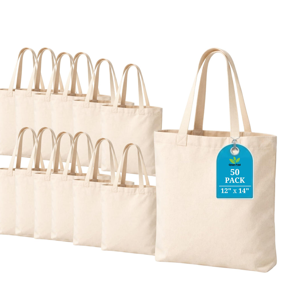 Greenfold 12x14 Inch (50 Pcs) Plain Canvas Tote Bag | 100% Organic Reusable 150 GSM Cotton Handbag for Shopping, Daily Use, Travel, Grocery, Gifting, Craft Diy, Painting, School, Office and Storage