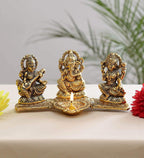 KridayKraft Laxmi Ganesh Saraswati Gold Plated Showpiece Statue with Oil Lamp Diya for Home Decor