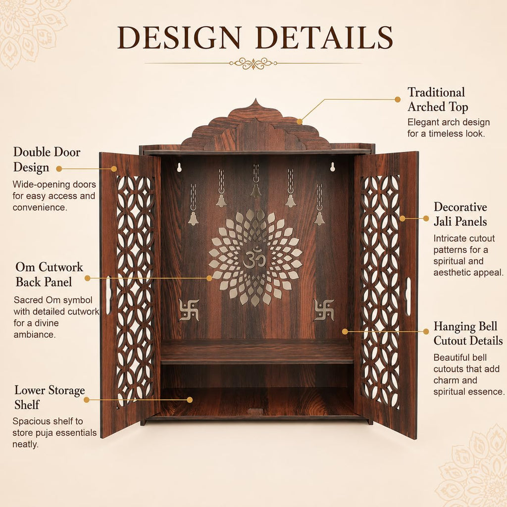 The Castle Decor Wooden Mandir for Home, Premium MDF Home Temple with Double Doors for Pooja Room, Wall Hanging & Tabletop Temple, Matte Finish, 16.5 x 24.5 x 10.5 Inch (Design 6)