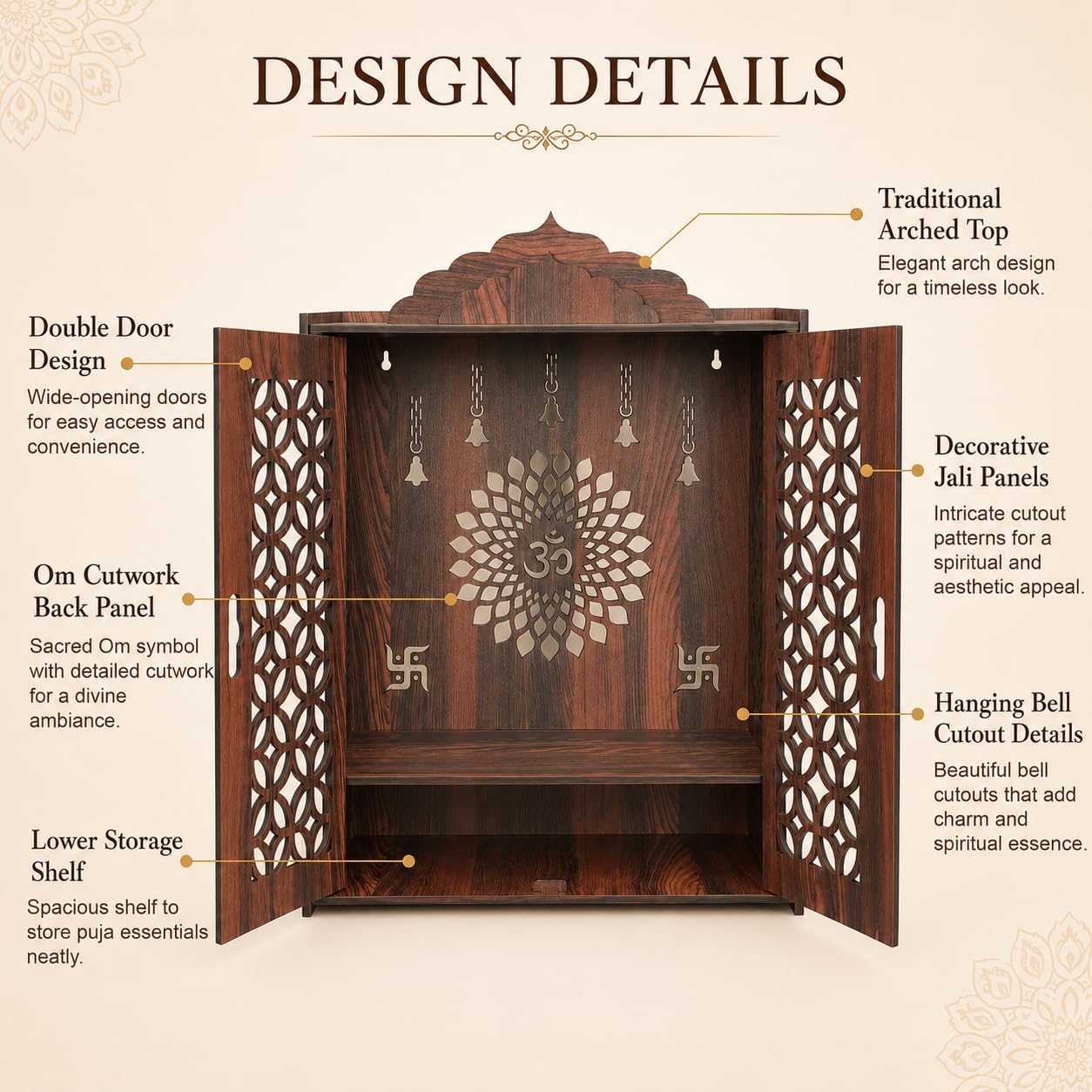 The Castle Decor Wooden Mandir for Home, Premium MDF Home Temple with Double Doors for Pooja Room, Wall Hanging & Tabletop Temple, Matte Finish, 16.5 x 24.5 x 10.5 Inch (Design 6)