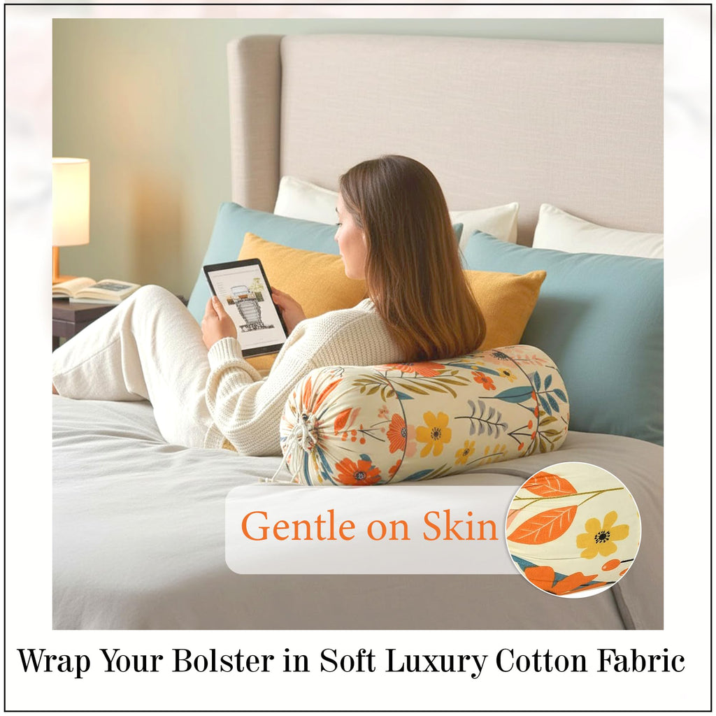 GLUN®Flower Print Cotton Bolster Cover Set of 2 | 16 x 30 Inches | Soft & Luxurious Decorative Bolster Pillow Covers for Sofa, Bed & Living Room | Cream